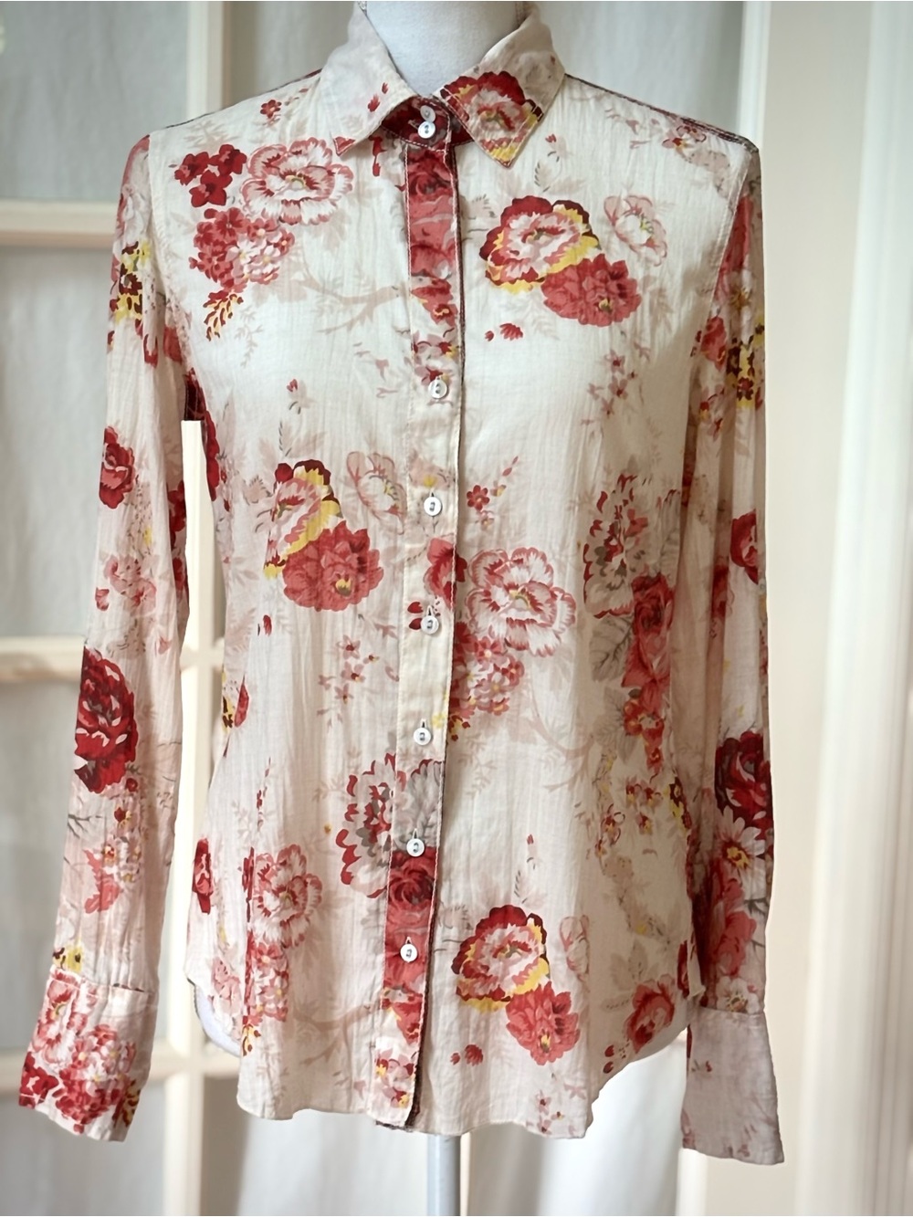 Cino NWT Floral Crinkle Cotton Button Front Shirt Paisley Trim XXS